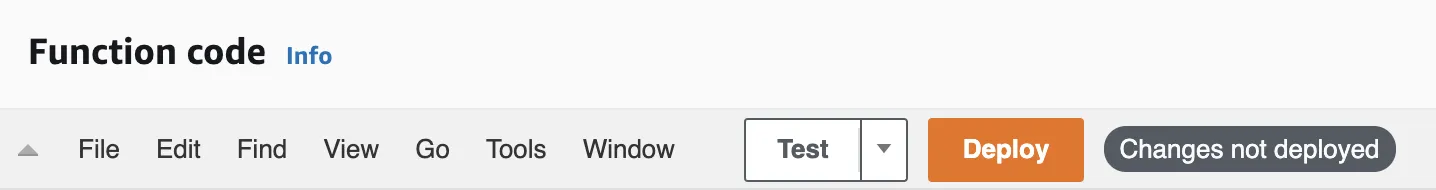The Lambda code editor with the Deploy button highlighted