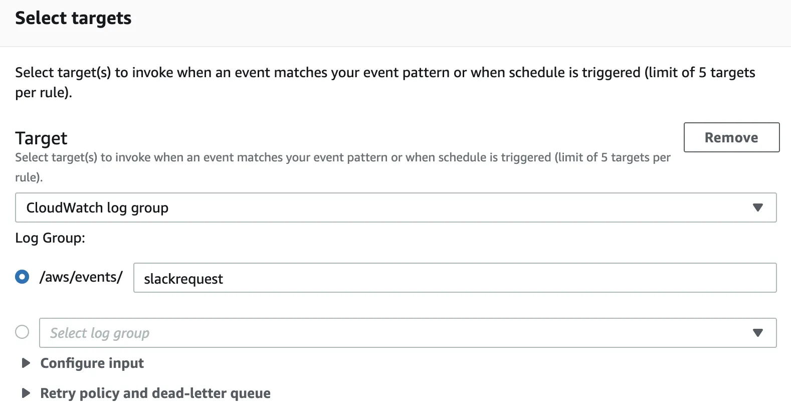 An EventBridge rule with a CloudWatch log group configured as its target