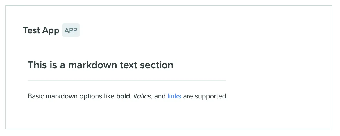 An App Canvas showing a markdown section with a heading, a horizontal rule, and inline bold and italic text