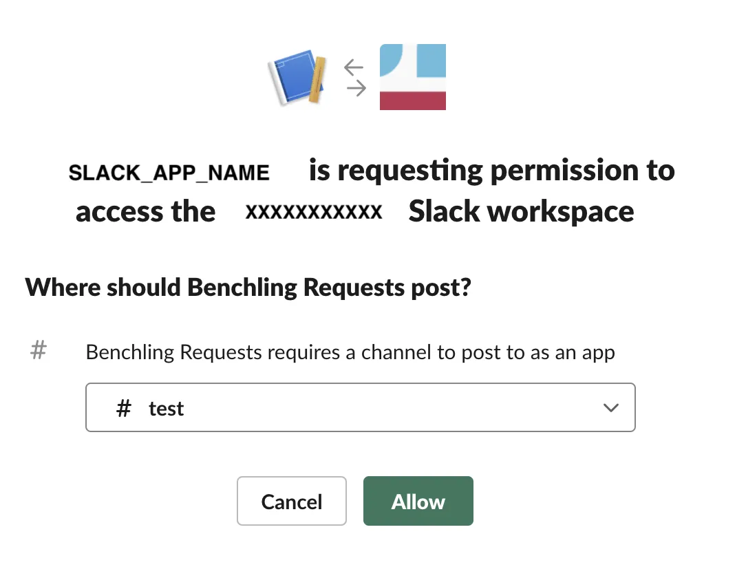 The Slack authorization dialog granting the app permission to post to a selected channel