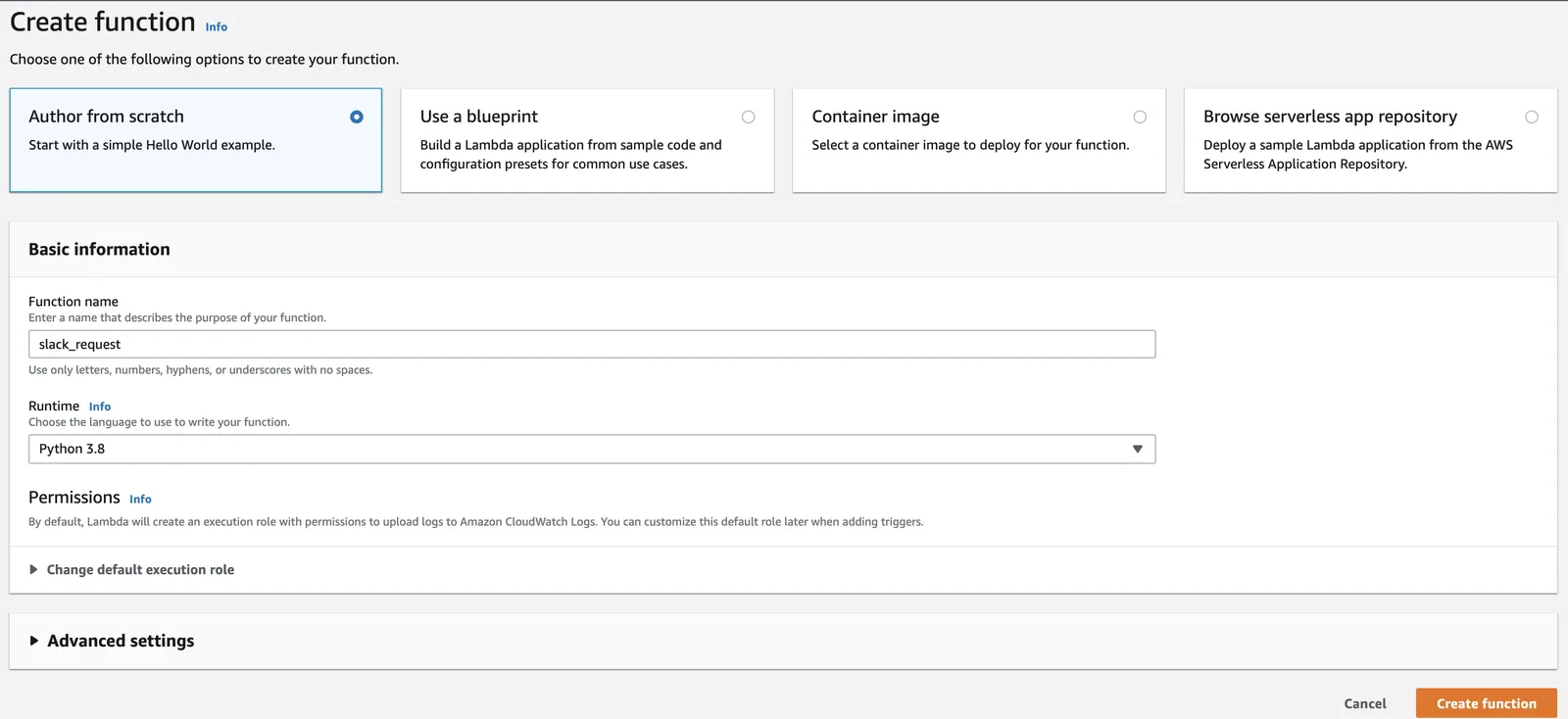 The AWS Lambda create function screen with Author from scratch selected and a Python runtime chosen