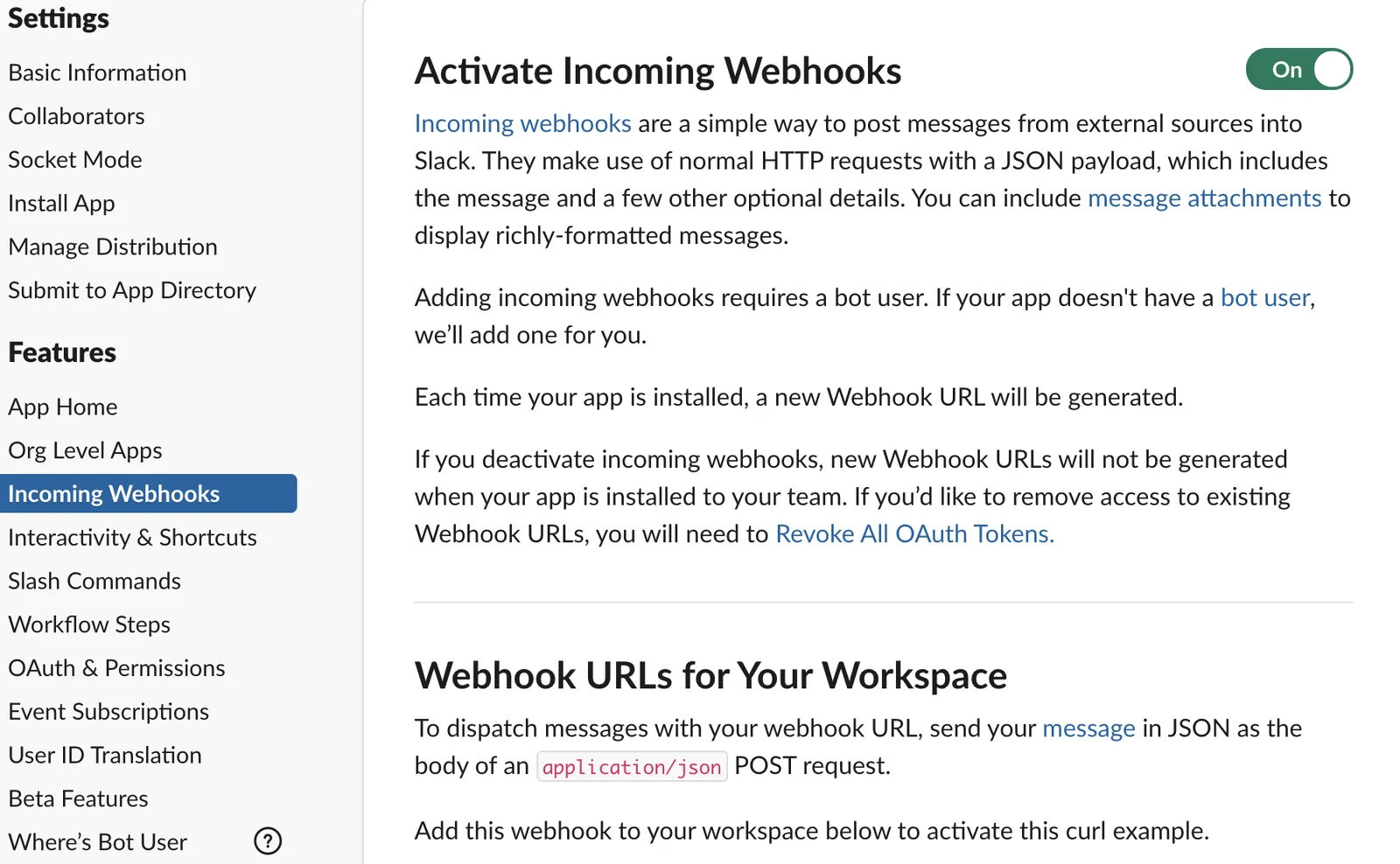 The Incoming Webhooks page of the Slack app settings, with the feature toggled on