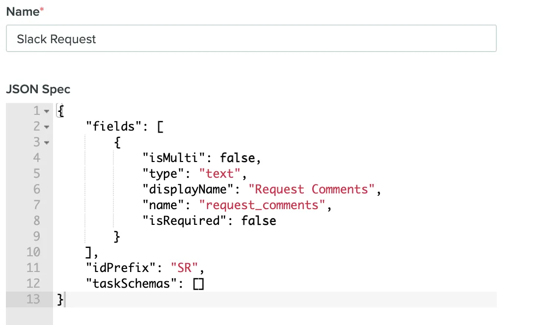 The Benchling request schema settings page with the Request Comments text field configured