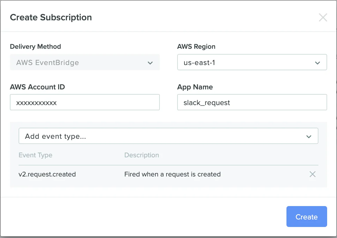 The Benchling Developer Console event subscription form, subscribing to the v2.request.created event