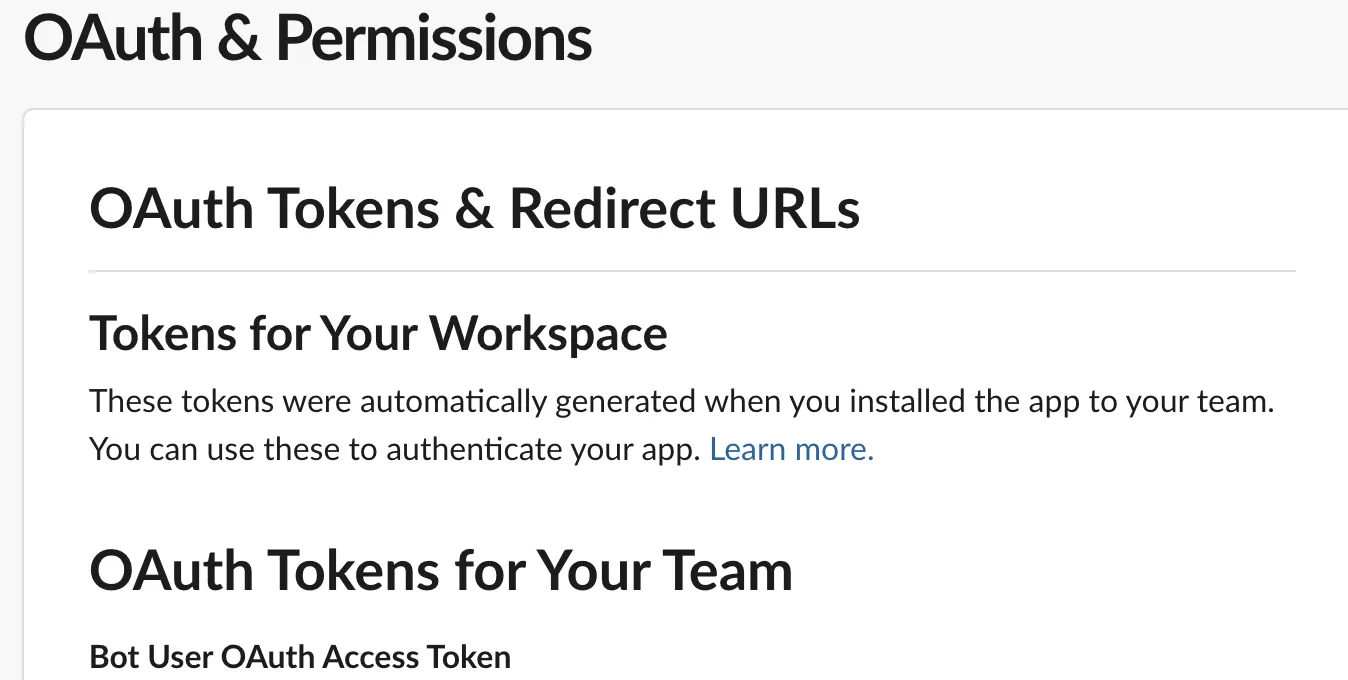 The OAuth and Permissions page of the Slack app settings, showing the bot user OAuth token