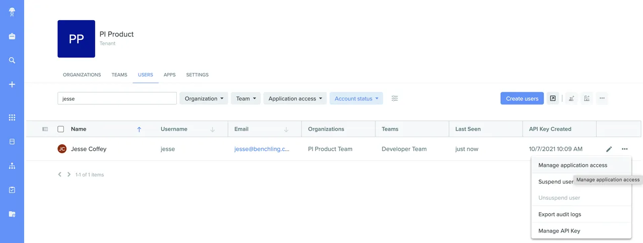 Tenant Admin Console showing the Users tab