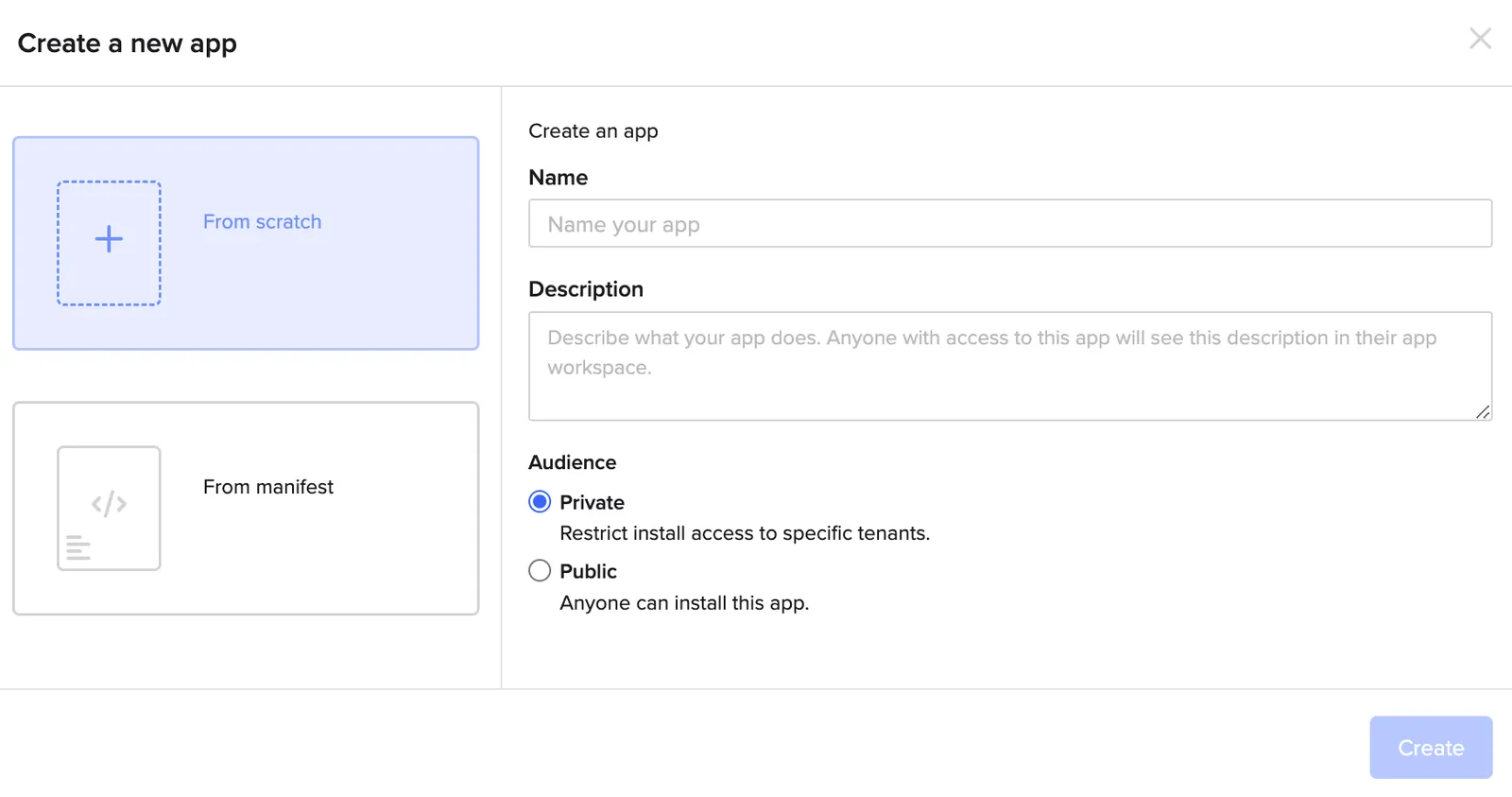The From scratch form with name and description fields