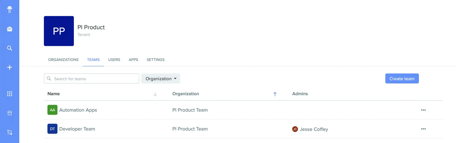 Teams named Automation Apps and Developer Team used to group apps