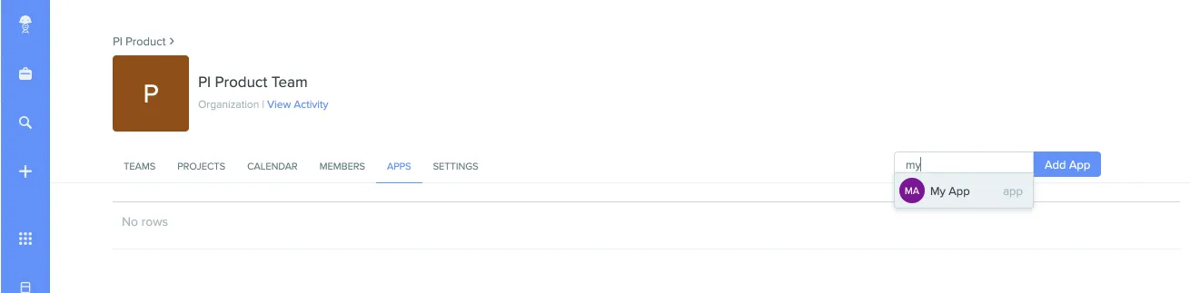 Adding an app from the APPS tab of an organization page