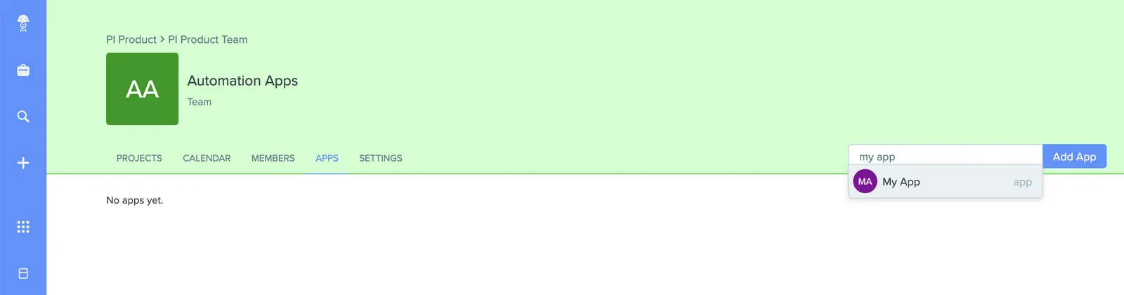 Searching for an app in a team's APPS tab