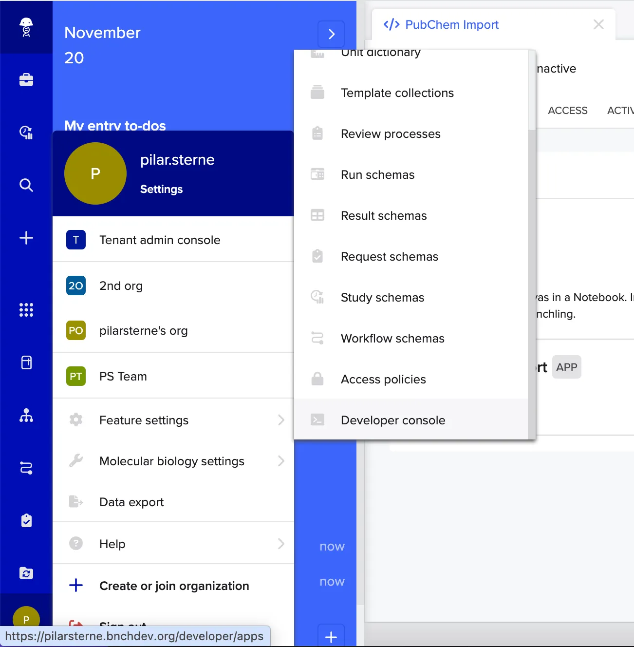 The user menu path to Feature Settings and the Developer Console