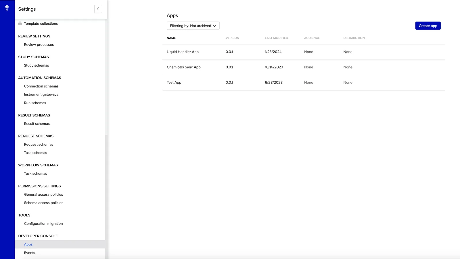 The Apps list in the Developer Console section of Feature Settings