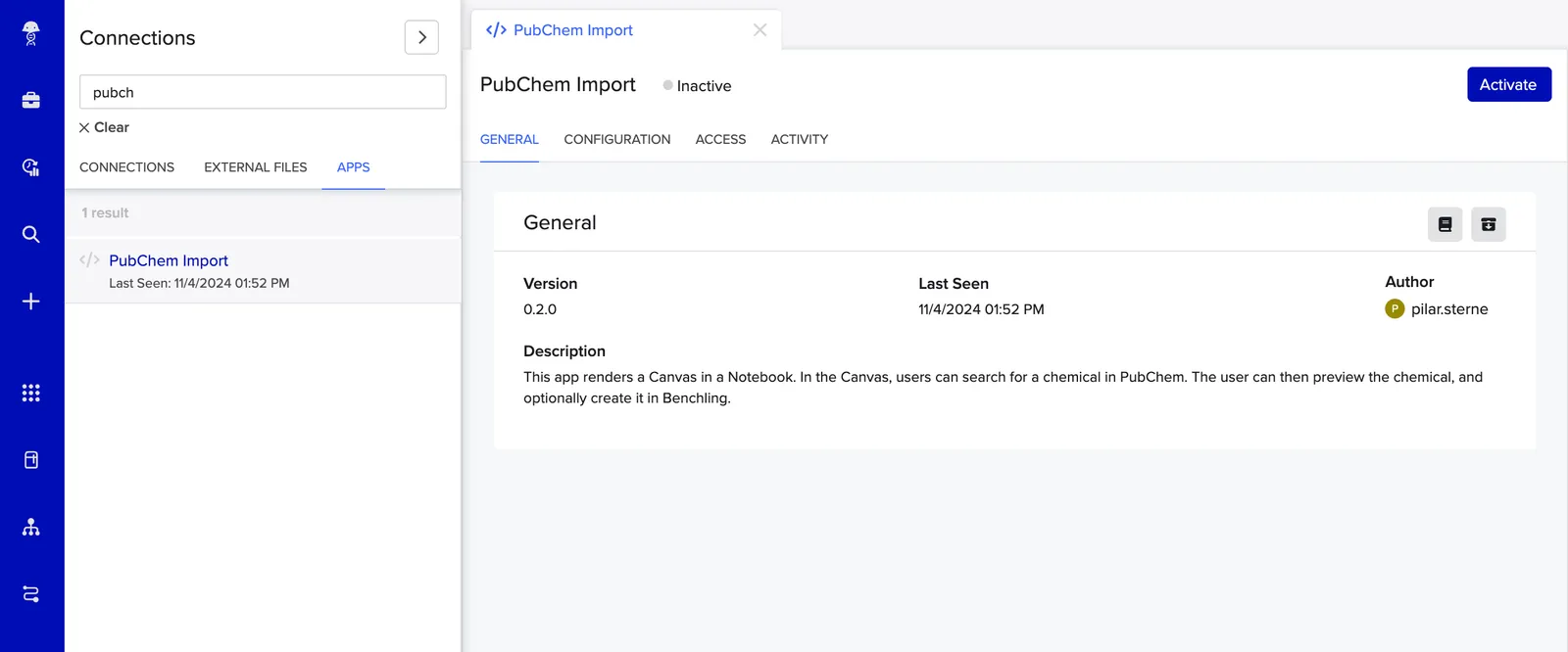 An installed app's homepage showing its General and Access tabs