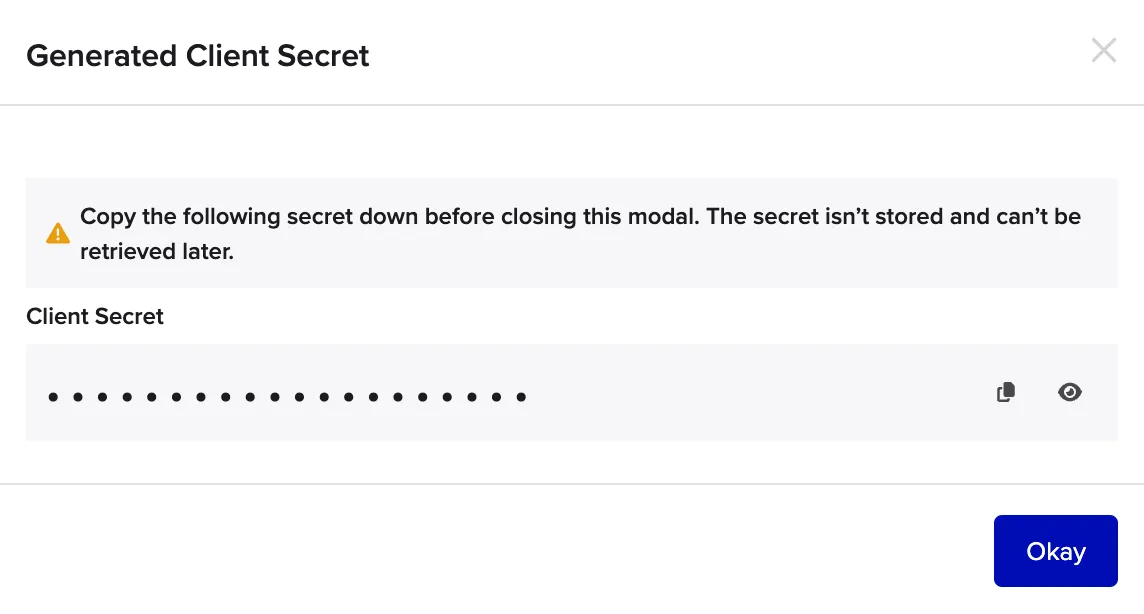 The client secret generation prompt on an app's settings page