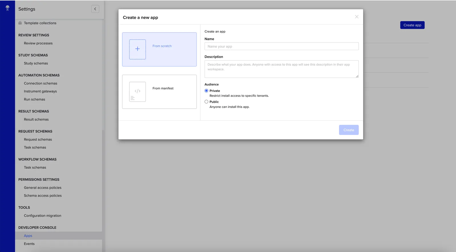 The Create App modal offering From scratch and From manifest options