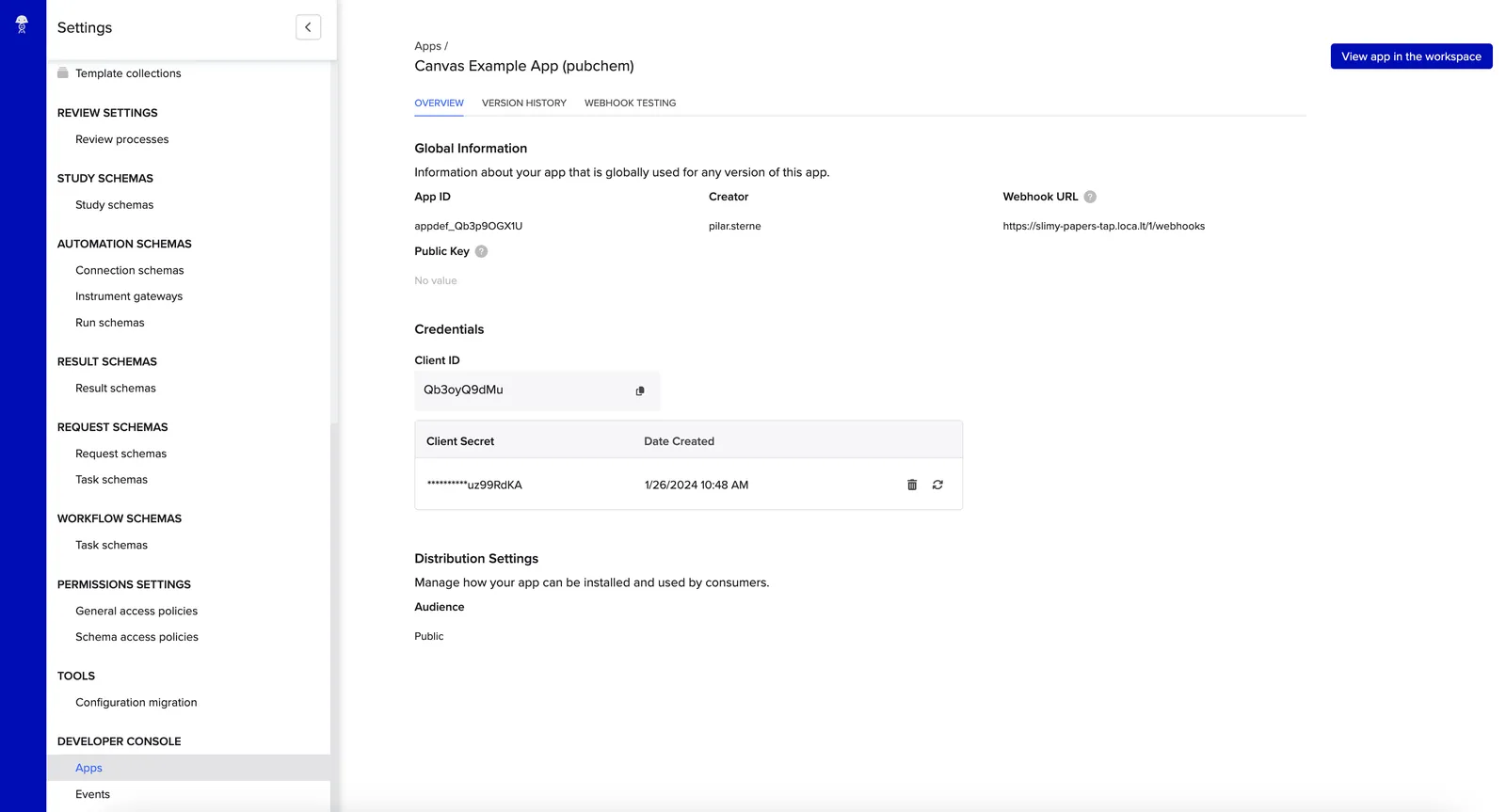 An app's settings page showing its credentials section