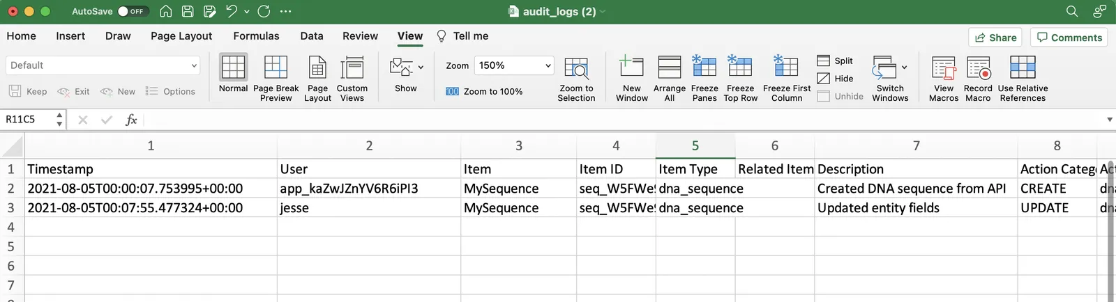 The audit log detail view for the app's action