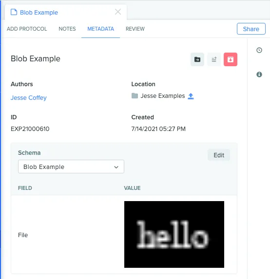 The Benchling entry metadata panel showing hello.png attached to the File field