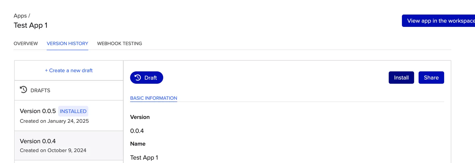The Version History tab with an Install link next to a version